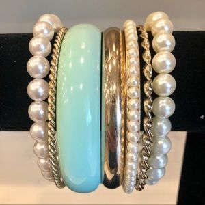 Dressy Teal and Gold Bracelets with Pearls